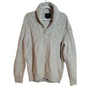 American Eagle Shawl Collar Cable Knit Sweater Mens XL‎ Light Gray Preppy Y2K